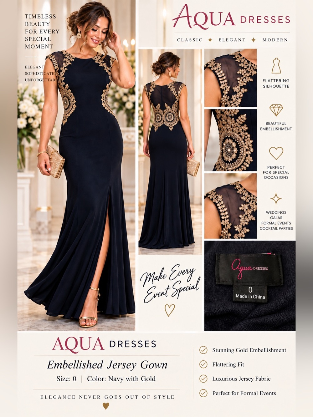 Aqua dress Navy Gown with Gold Embellished Accents size 0